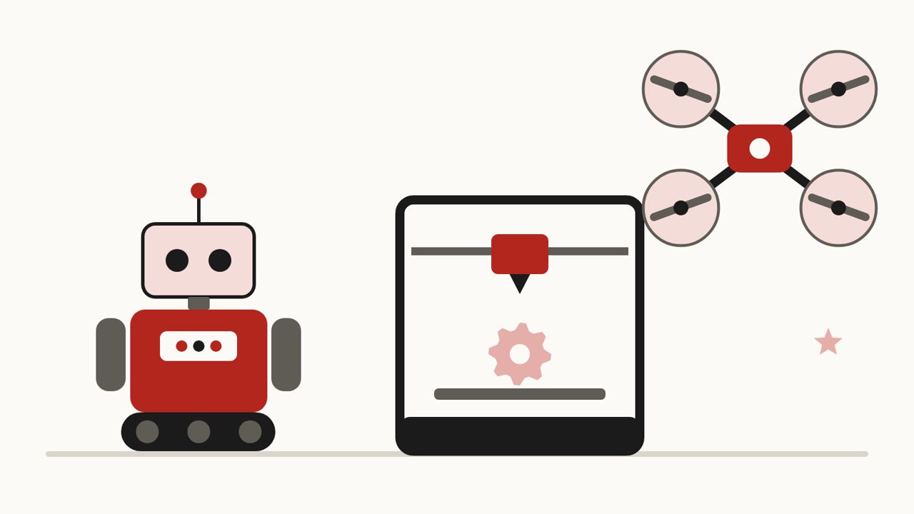Рисунок: робот, 3D-принтер и дрон